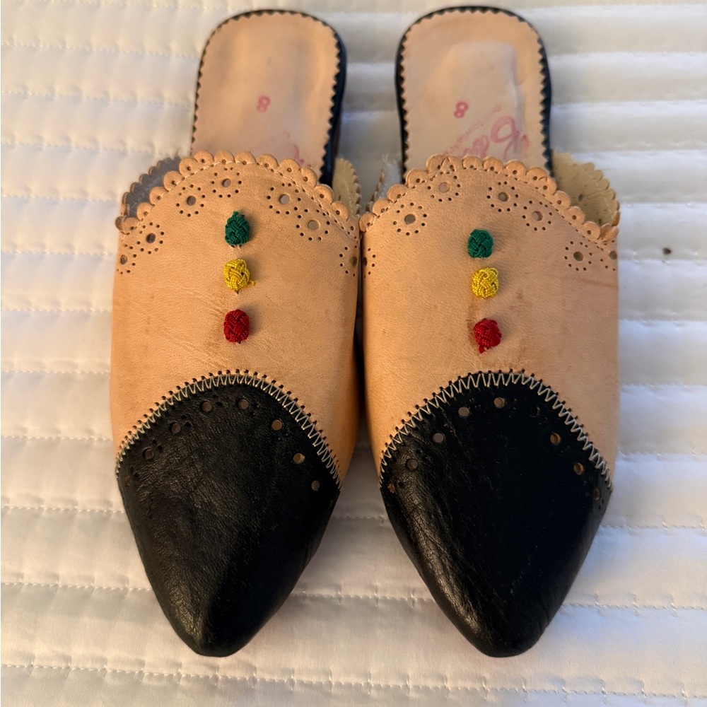 Women’s Leather Slip-On Mules in Beige and Black- Never Worn